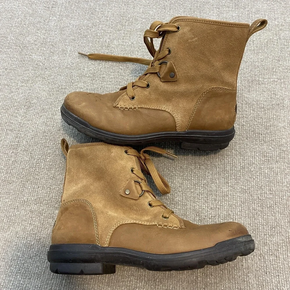 UGG Boots Womens Size 10 Brown Leather Fleece Lined Ankle Combat Zip Lace‎ Up